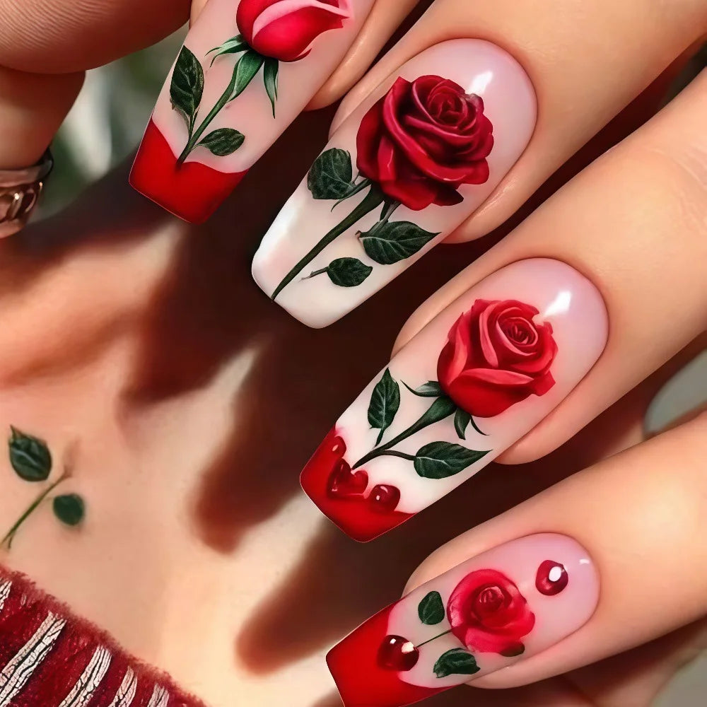Medium long fake nails for women green white pink red flowers for Spring summer ballet tips full cover acrylic press on nail