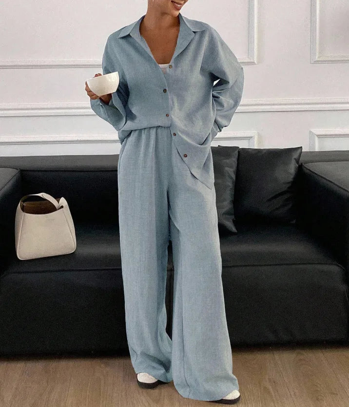 2026 New Women Linen Two Piece Outfit Set Lapel Long Sleeve Button Shirts Elastic Waist Wide Leg Pants Casual Loose Home Suit