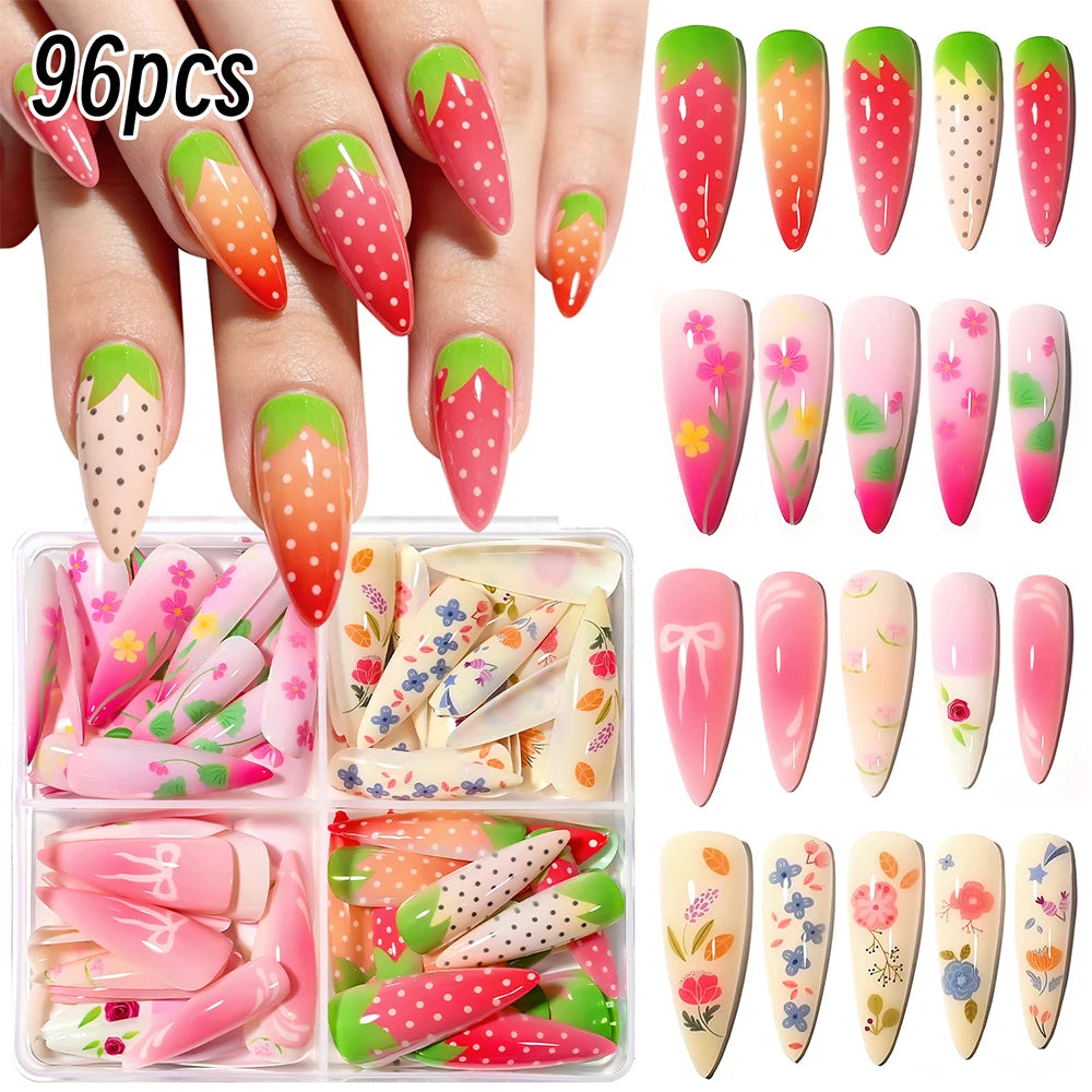 96Pcs Long Coffin Ballet Full Cover Fake Nails Square False Nails Glitter Artificial Fingernails Women Wearable Press on Nails