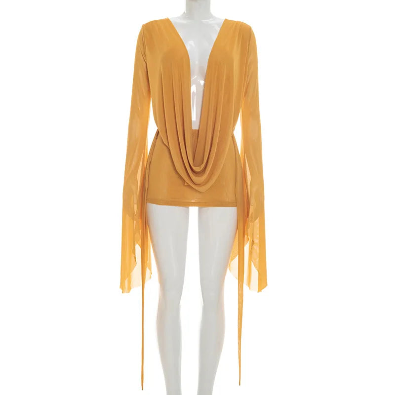 BKLD Solid Color 2026 New Women's Clothing Mesh Swinging Collar Long Sleeve Open Back A-line Short Dresses Party Clubwear
