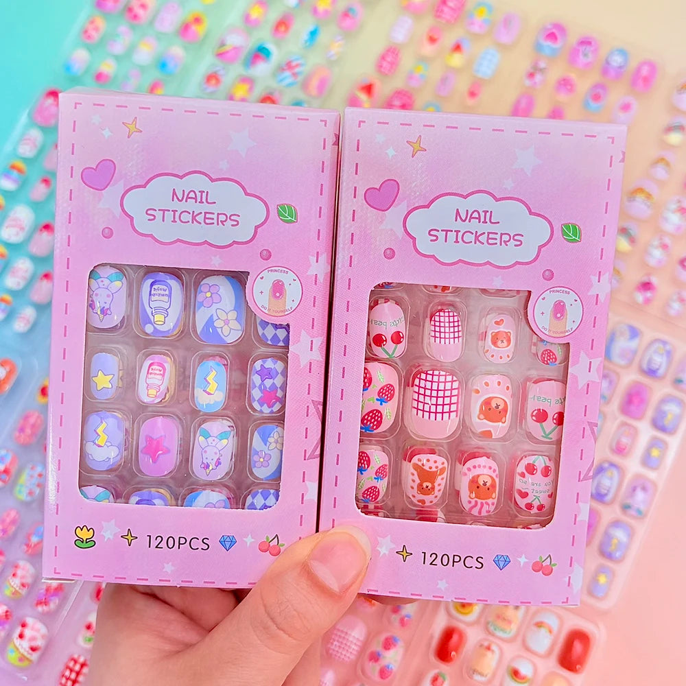 120Pcs Cartoon False Nails for Girls Kawaii Acrylic Short Square Full Cover Fake Nails Tips Kids Press on Nails with Jelly Glue