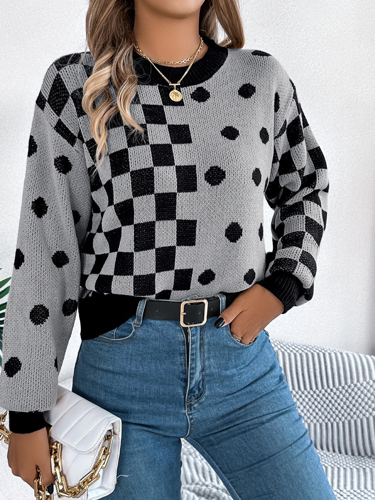  Autumn Winter Casual Contrasting Grid Dot Long Sleeve Knitted Pullover Fashion New Year and Christmas Sweater Women Clothes