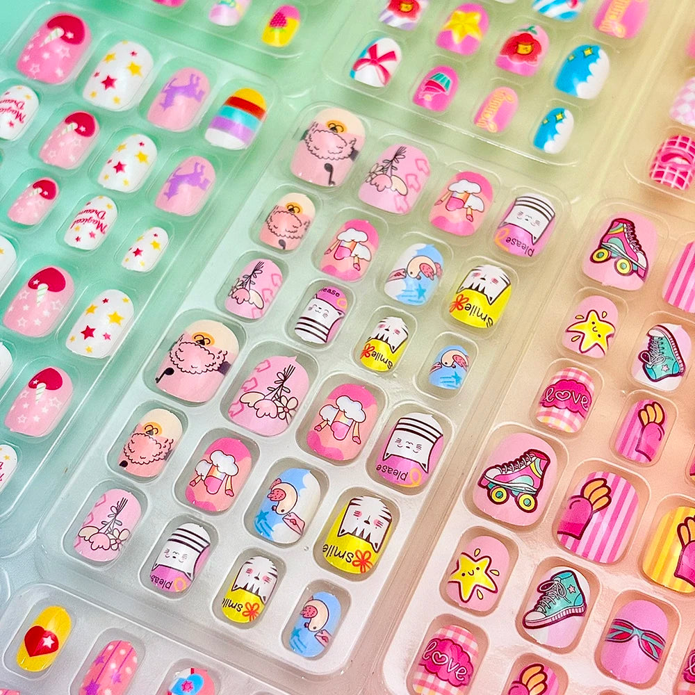 120Pcs Cartoon False Nails for Girls Kawaii Acrylic Short Square Full Cover Fake Nails Tips Kids Press on Nails with Jelly Glue