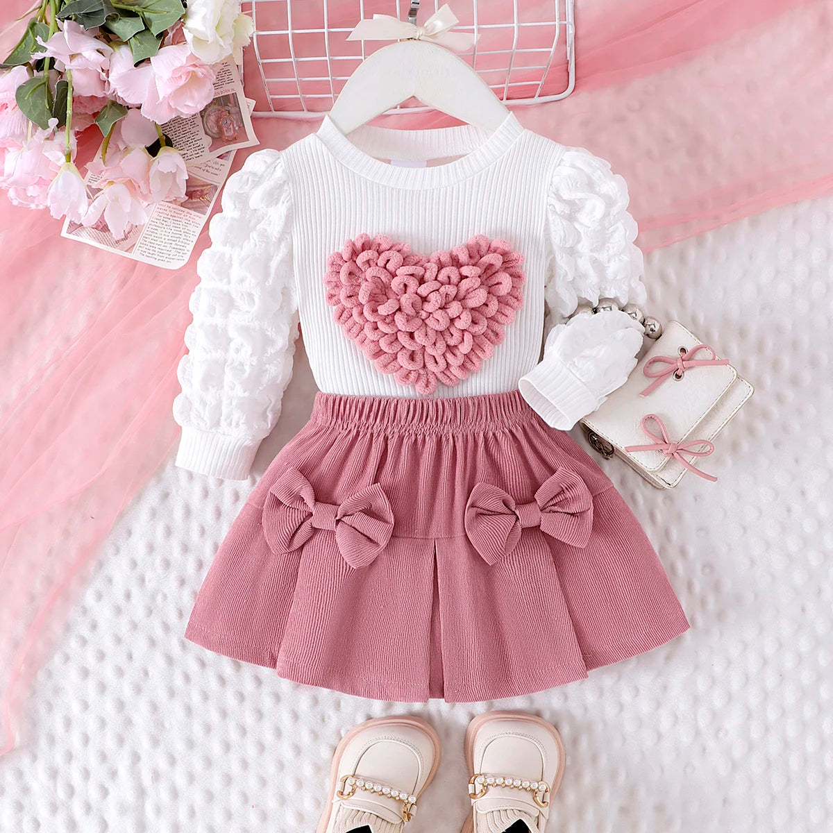 2PCS Winter New Style For 0-3 Year Old Girls, Comfortable Sweet And Cute Bubble Sleeves, Love Chapter Top + Pink Short Skirt Set