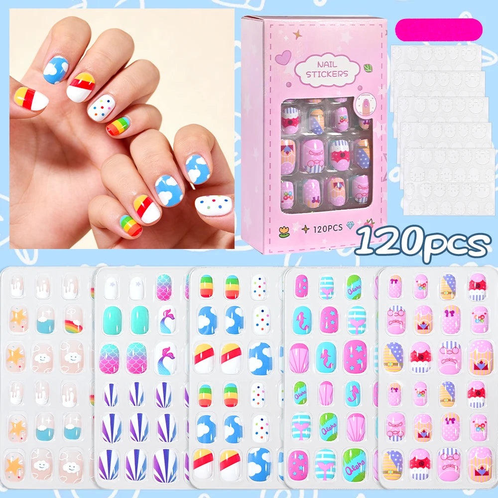 120Pcs Kids Cute Bow Heart Design False Nails Cartoon Animal Short Square Full Cover Fake Nail Tips for Girls Press On Nails