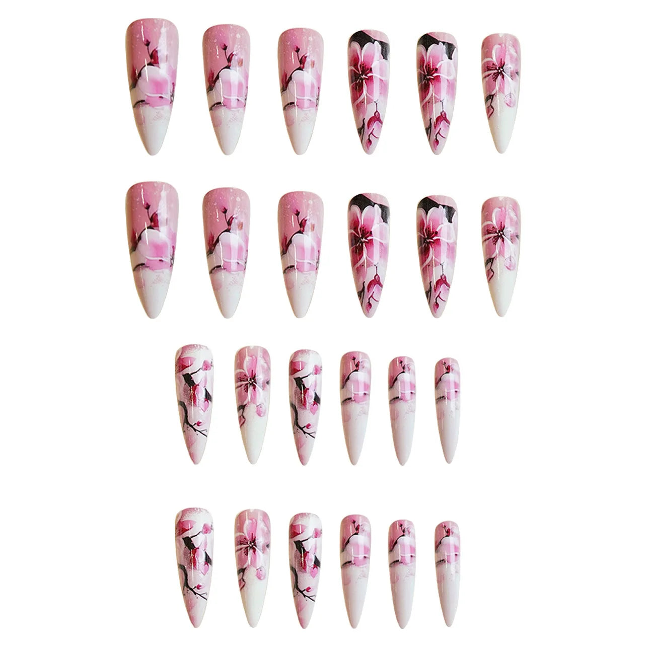 24pcs/set Medium long fake nails yellow dragon flowers feather design for Spring summer Square almond tips press on false nail