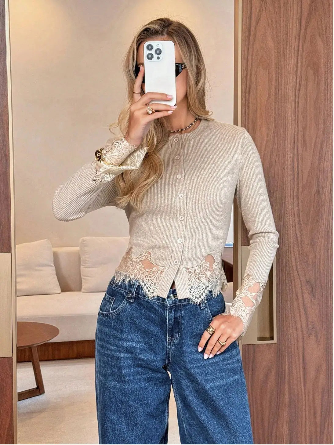 Women's Lace Patchwork Knitted Cardigan Casual O-Neck Hollow Out Long Sleeve Slim Fit Sweaters New Female Spring Autumn Knitwear