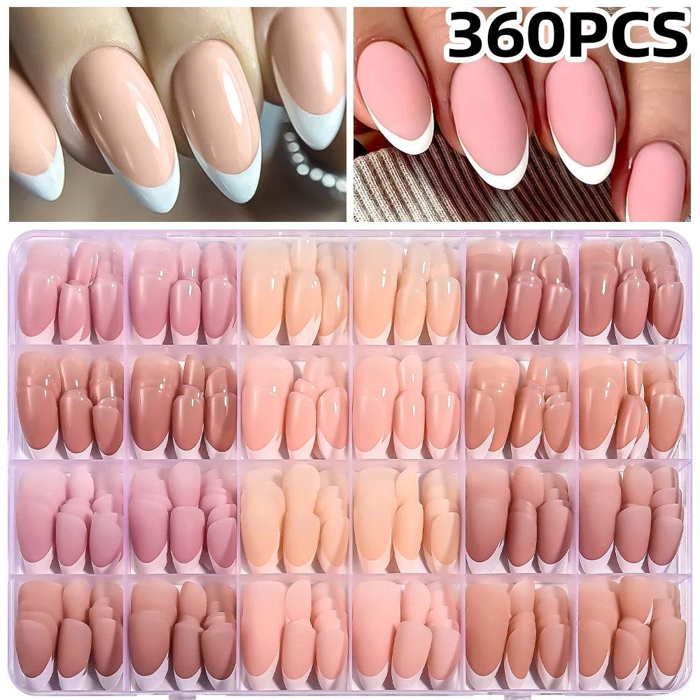 288/360pcs French Tips Press on Nails Almond False Nails Brown/Nude/Pink Acrylic Stiletto Full Cover Fake Nails for Extension