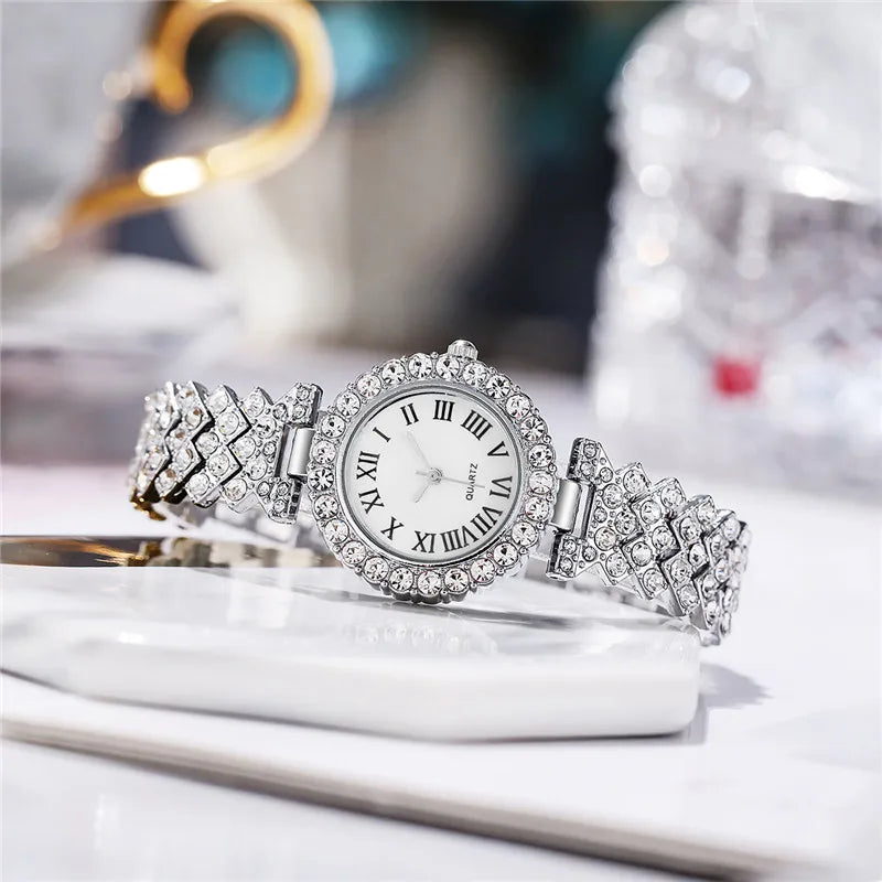 2PCS/Set Women's Watch Fashion Rhinestone Roma Dial Quartz Watches Stainless Steel Band Wrist Watch Bracelet Set
