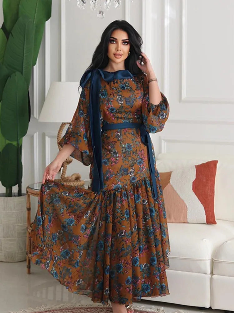 BKLD O-Neck Long Sleeve Dress 2026 Spring Summer Clothes For Women Sexy Chiffon Fashion Printed Lace-Up Evening Party Dresses