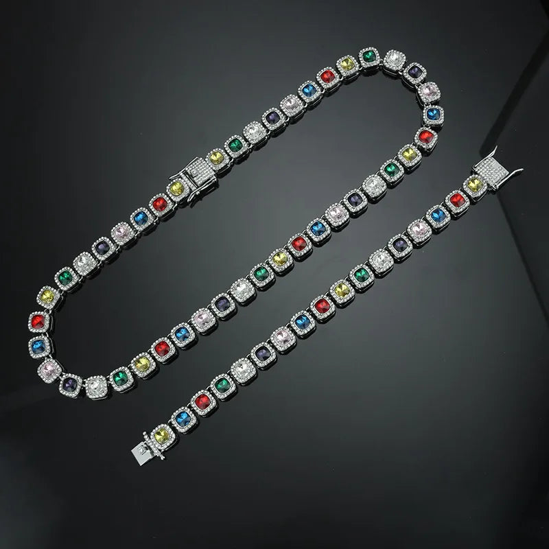 ZAKOL Hip Hop Luxury Square Colorful Rhinestones CZ Tennis Chain Necklace Bracelet Punk Fashion Jewlery Couple Gift