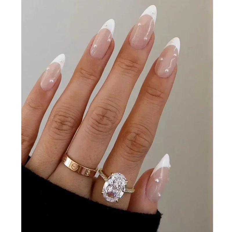 24Pcs Simple Green French False Nails Short Almond Fake Nails with Wave Line Design Wearable Round Head Press on Nail Tips