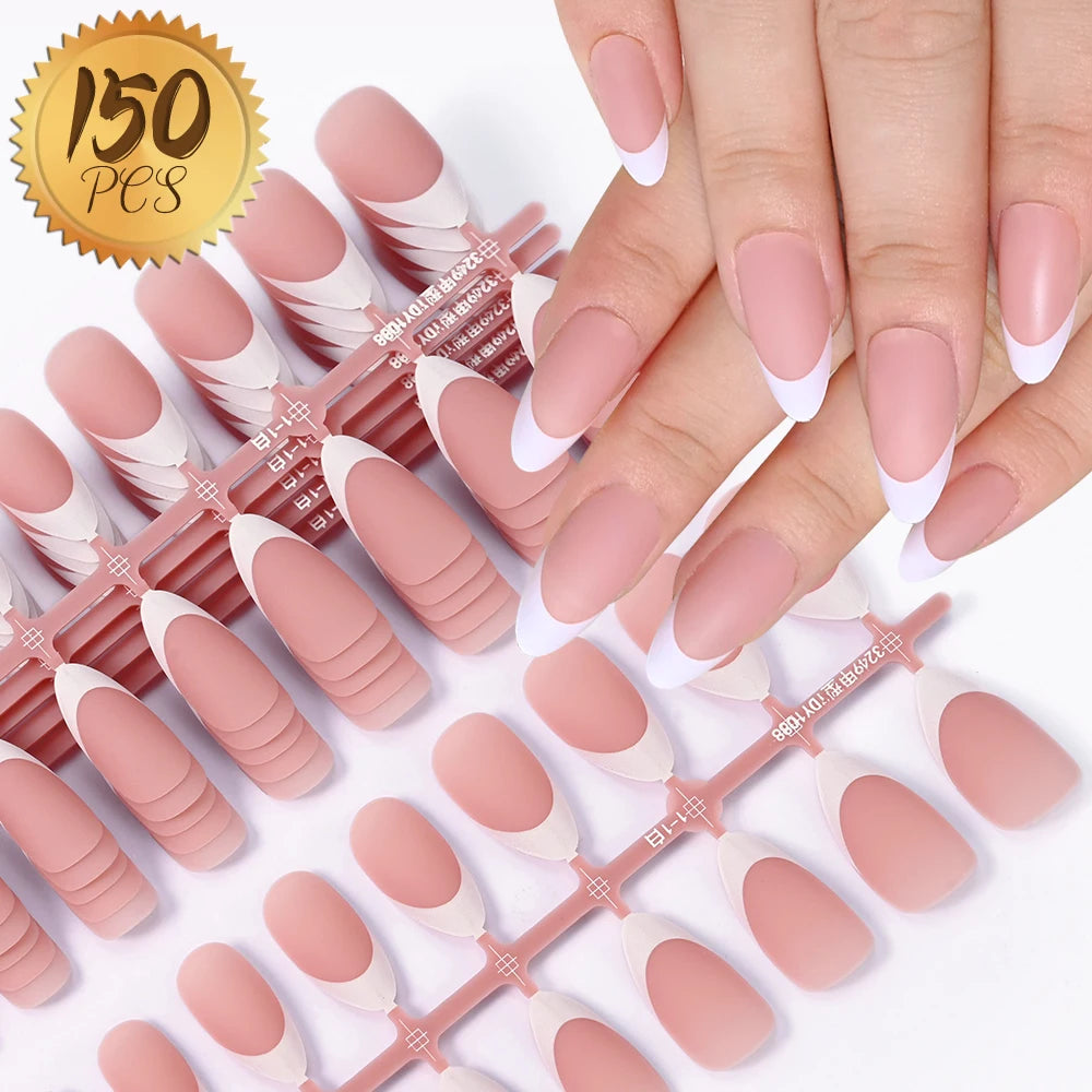 150Pcs Pre-made French False Nails Scarless Coffin Almond Fake Nail Artificial Fingernails Press on Nails for Nail Extension