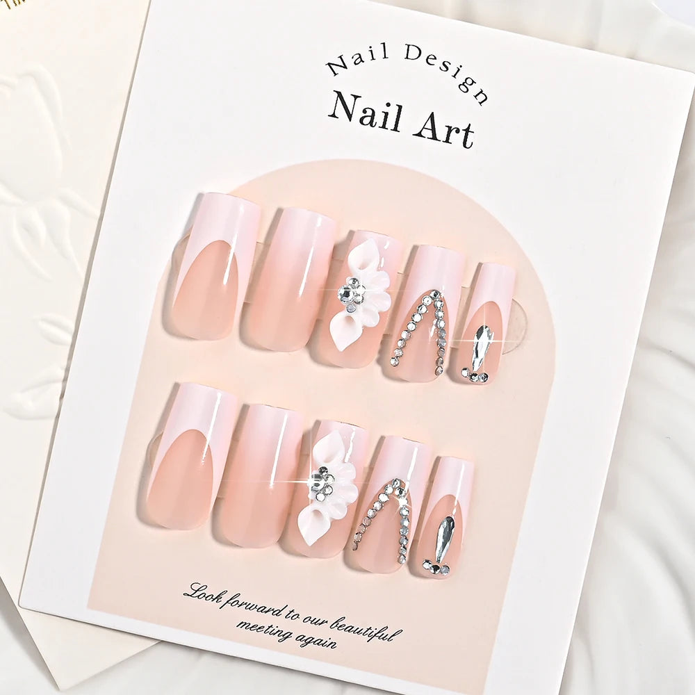 24Pcs Long Coffin French False Nails with Flower Butterfly Design Acrylic Full Cover Fake Nails Tips for Women Press On Nails