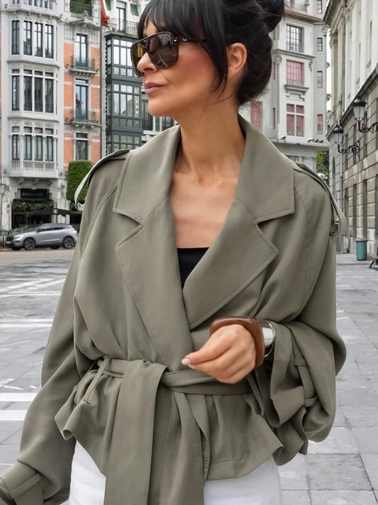 Women's Lace Up Cropped Trench Coat Fashion Lapel Long Sleeve Solid Loose Jacket 2026 Autumn Winter Female Street Outerwear
