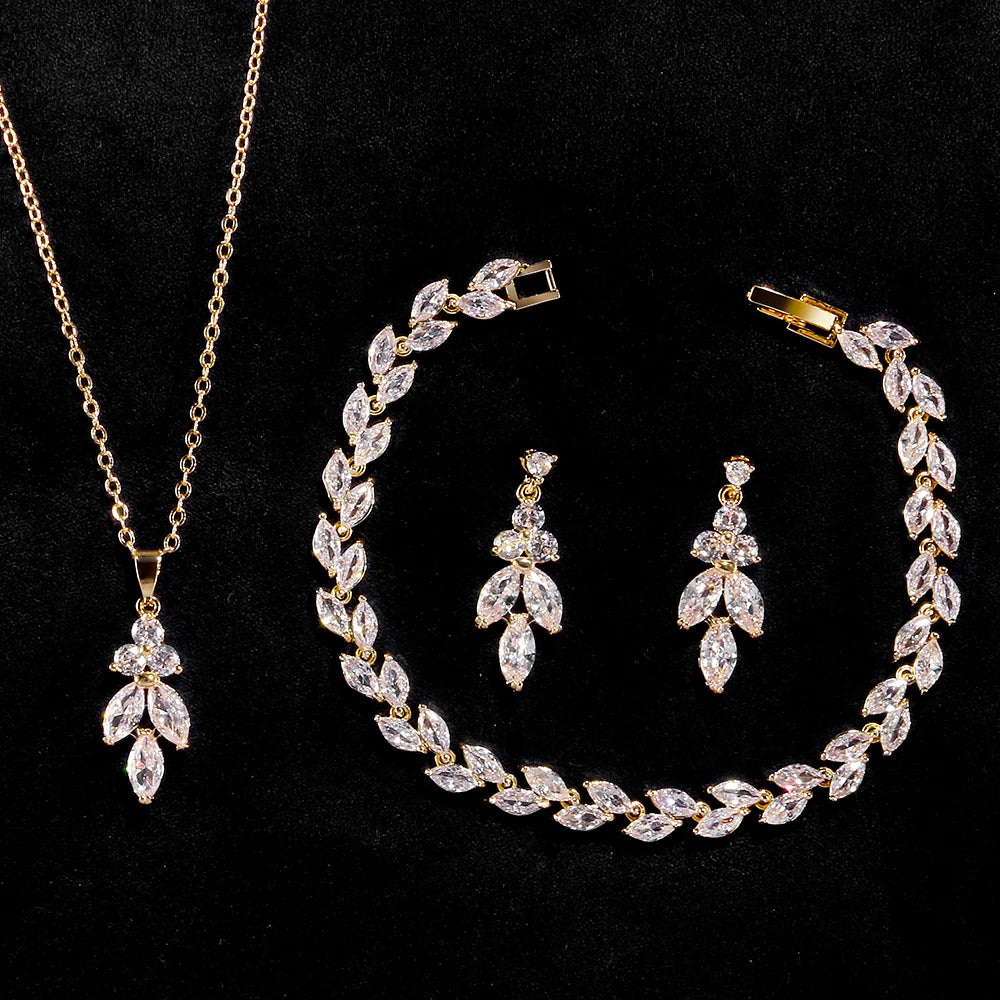 ZAKOL 3Pcs/Set Luxury Zirconia Leaf Bridal Wedding Jewelry Set Buling Clear Crystal Earring&Necklace&Bracelet Party Accessories