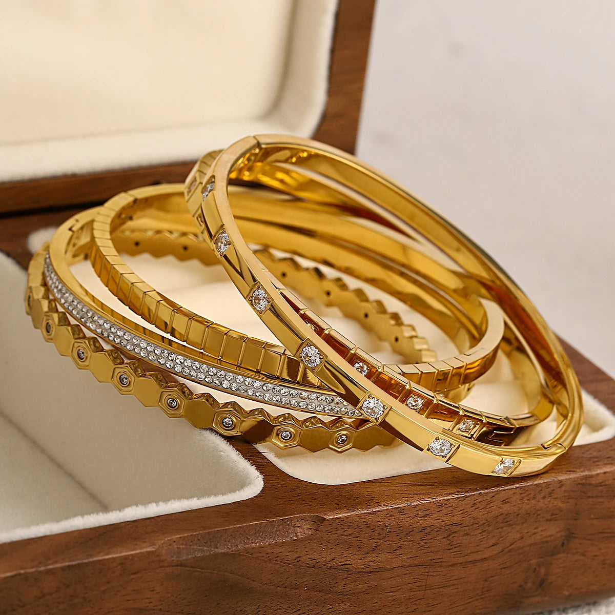 FLASHBUY Trendy Chic Gold Color Simple 316L Stainless Steel Bangles Bracelets for Women Charm Zircon Waterproof Jewelry Gift