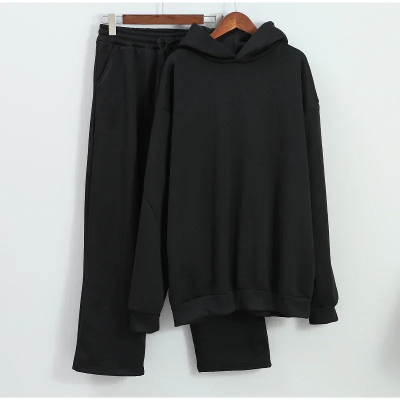 Solid Couple's Hooded Sweatshirt 2 Piece Set Casual Loose Sweatpants Suit Autumn Male Jogging Sweatshirt Trousers Outfits Suits