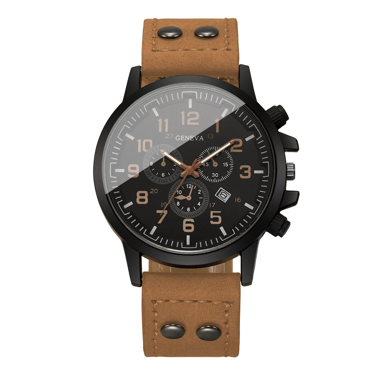 ساعة كوارتز رجالية بتصميم عسكري وسوار جلدي، مع ميناء فرعي للزينة وشاشة عرض للتقويم، ساعة يد رجالية Relogio Masculino (بدون علبة)