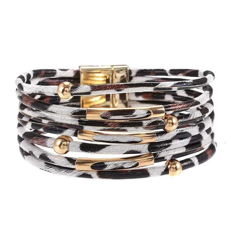 ZAKOL Retro Metal Tube Sexy Leopard Print Leather Bracelet For Men Women Boho Multi-Layer Wrapped Bracelets Charm Jewelry