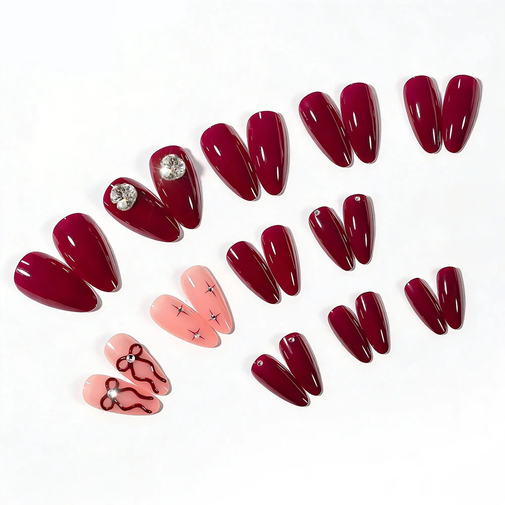 24Pcs Red Bowknot Design False Nails Medium Almond Fake Nail Tips Extension with Shiny Diamond for Women Wearable Press on Nails