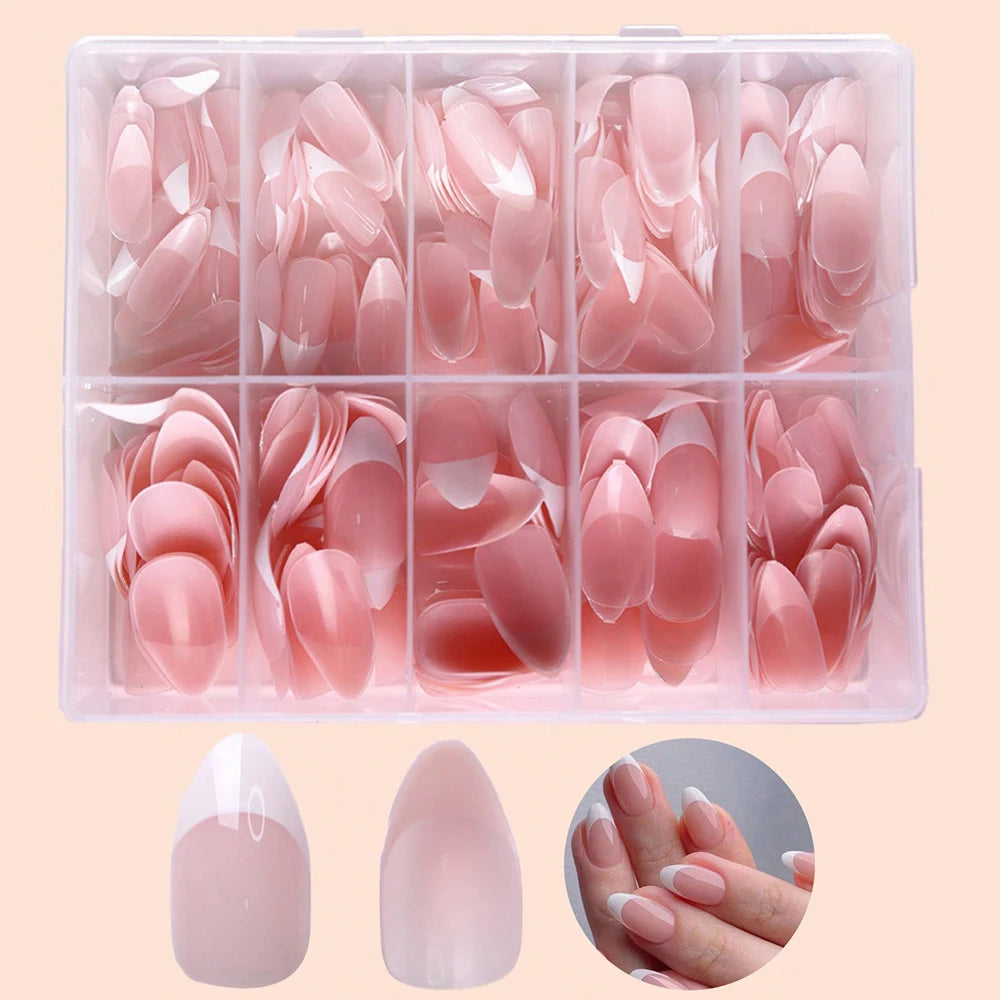 360/150Pcs Full Cover Press On Nails Short Stiletto Almond French False Nails White Edge Wearable Fake Nail Tips Extensions