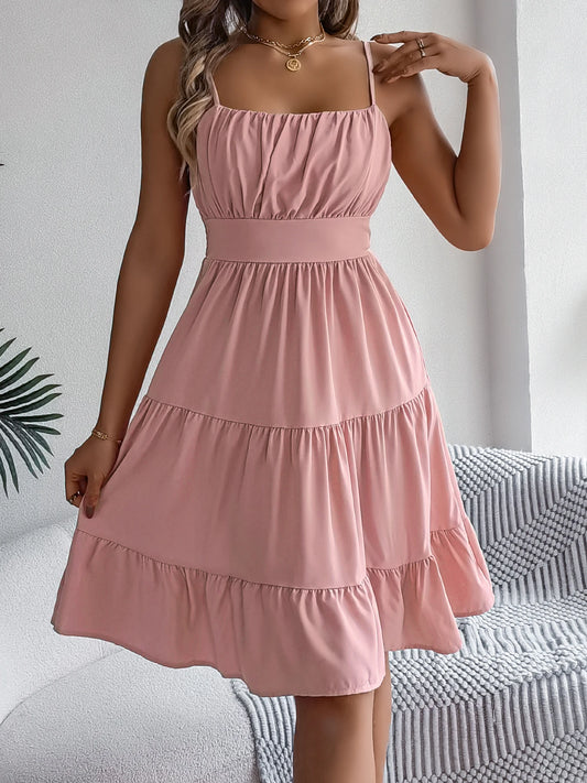 Casual Vacation Ruffled Camisole Dress Spring Summer Women's Solid Dresses for 2026 Woman Clothing Pink Blue