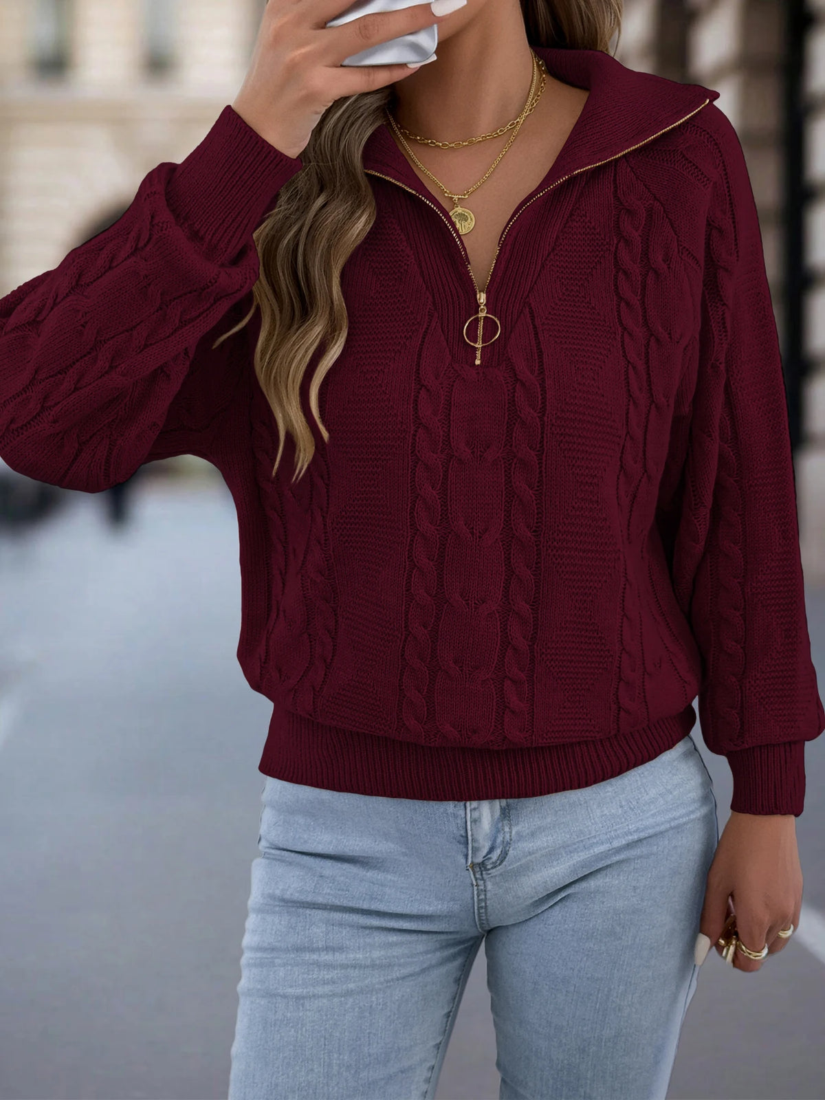 Women's Casual Turn Down Collar Half Zipper Sweaters 2026 Autumn Winter Lantern Long Sleeve Twist Knitted Tops Orange Khaki Red