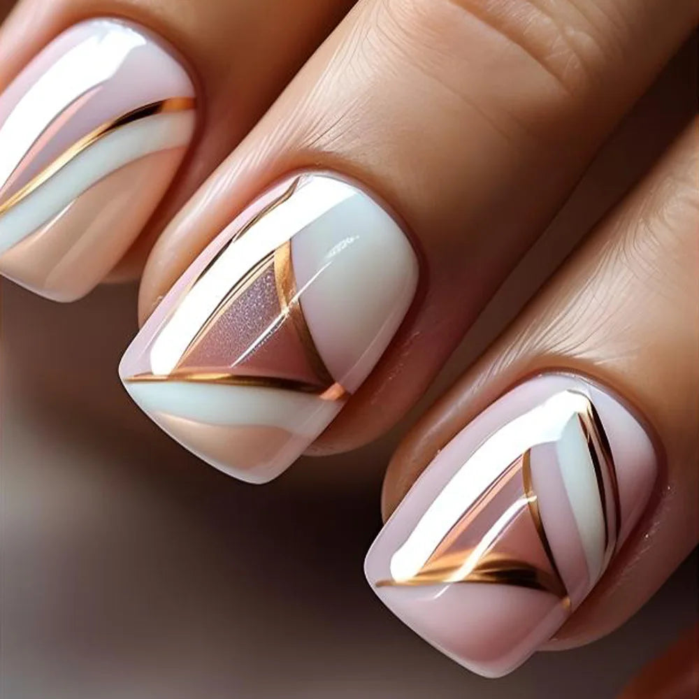 Short Medium fake nails glossy Y2K gradient green purple silver pink white golden geometric reusable ABS Artificial nails kit