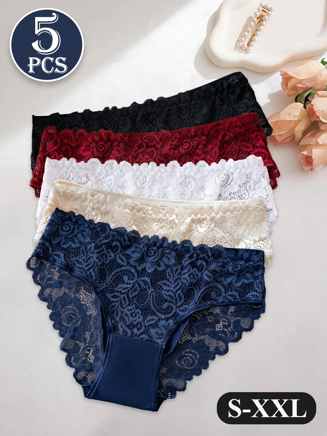 5PCS High End Lace Panties for Women Pure Cotton Crotch Breathable Sexy Briefs Solid Color Mid-Rise Everyday Underwear Lingerie