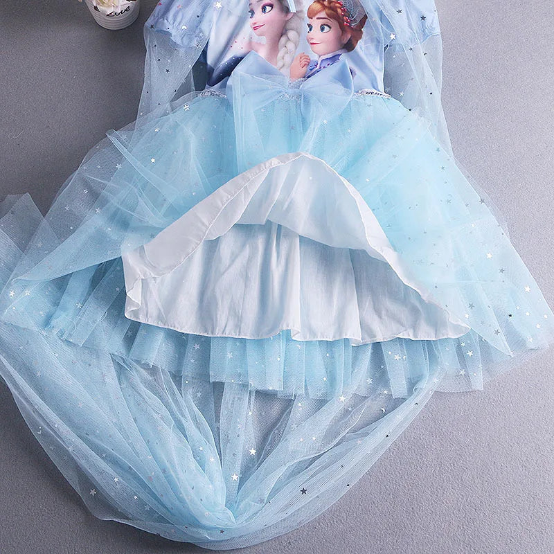 Disney Elsa Princess Dress with Cape Girls Dress Summer Kids Short Sleeve for Children's  2-8Y