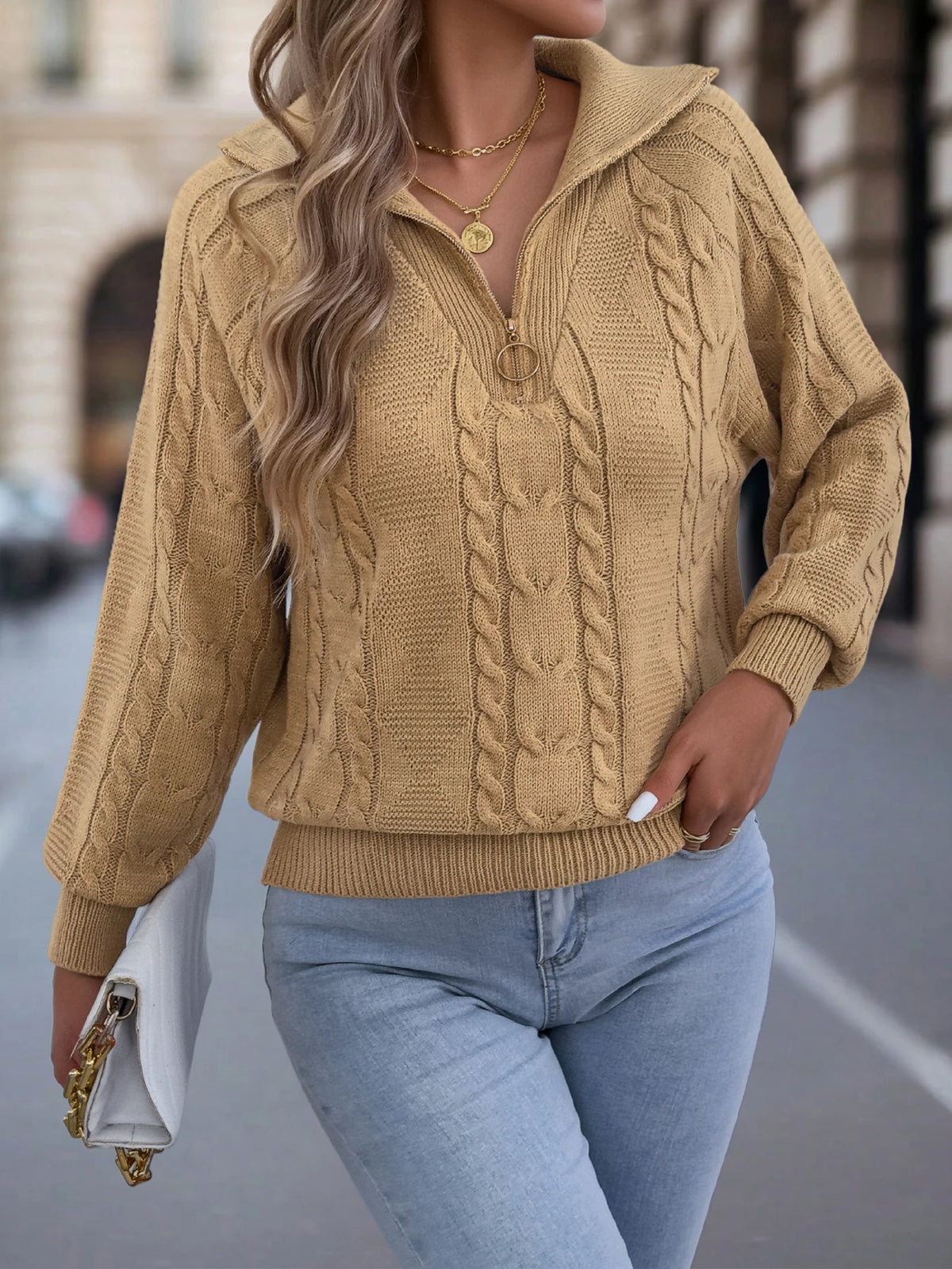 Women's Casual Turn Down Collar Half Zipper Sweaters 2026 Autumn Winter Lantern Long Sleeve Twist Knitted Tops Orange Khaki Red