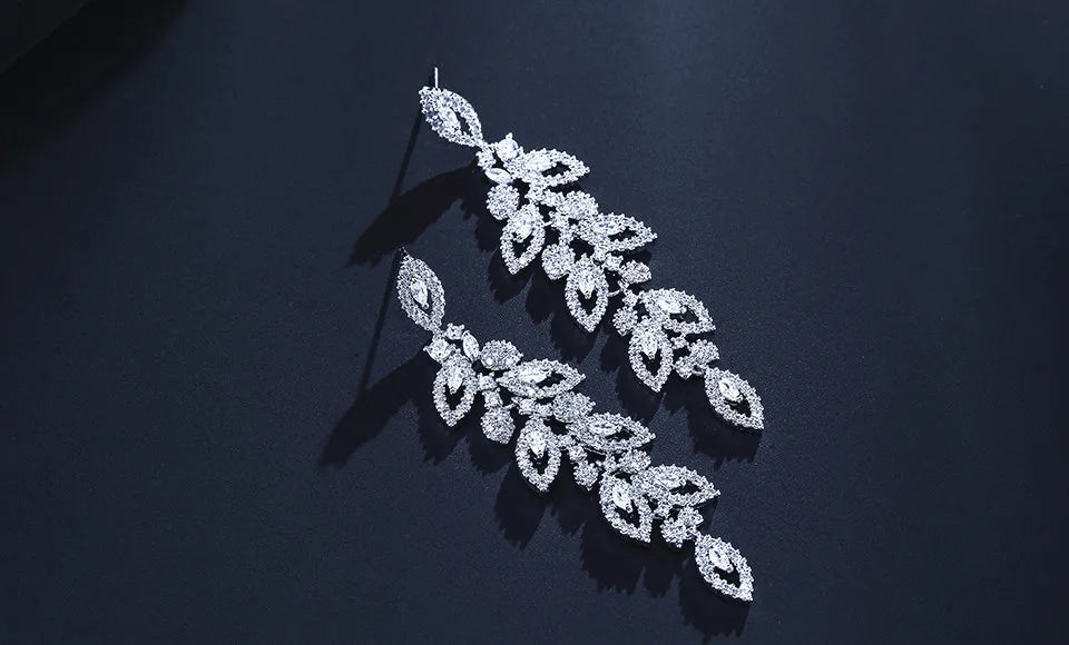 ZAKOL Luxury Shiny Zircon Polish Bridal Wedding Dange Earrings Elegant Marquise Leaf AAA CZ Long Drop Earring Party Jewelry