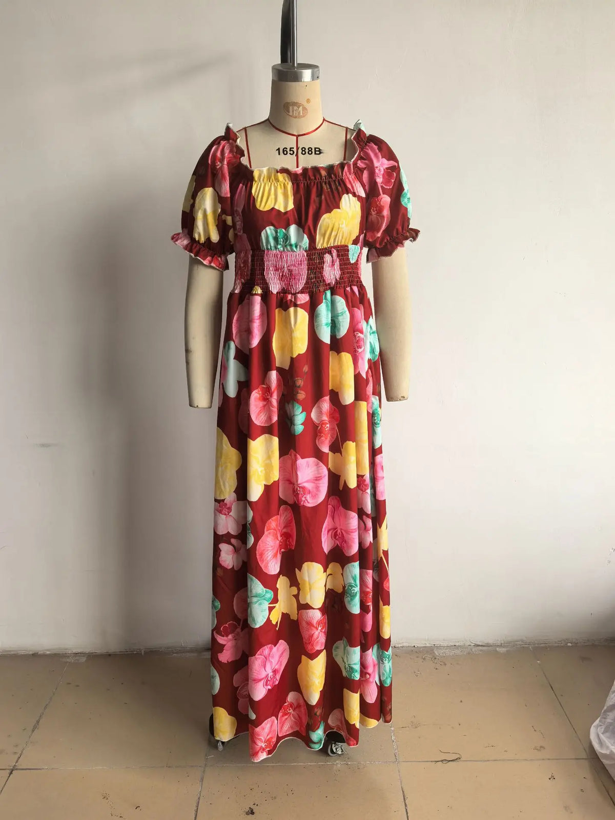 BKLD Women Clothing Summer Floral Print Dress Short Sleeve Square Collar Beach Holiday Outfits Waist Ruched Long Dresses Party