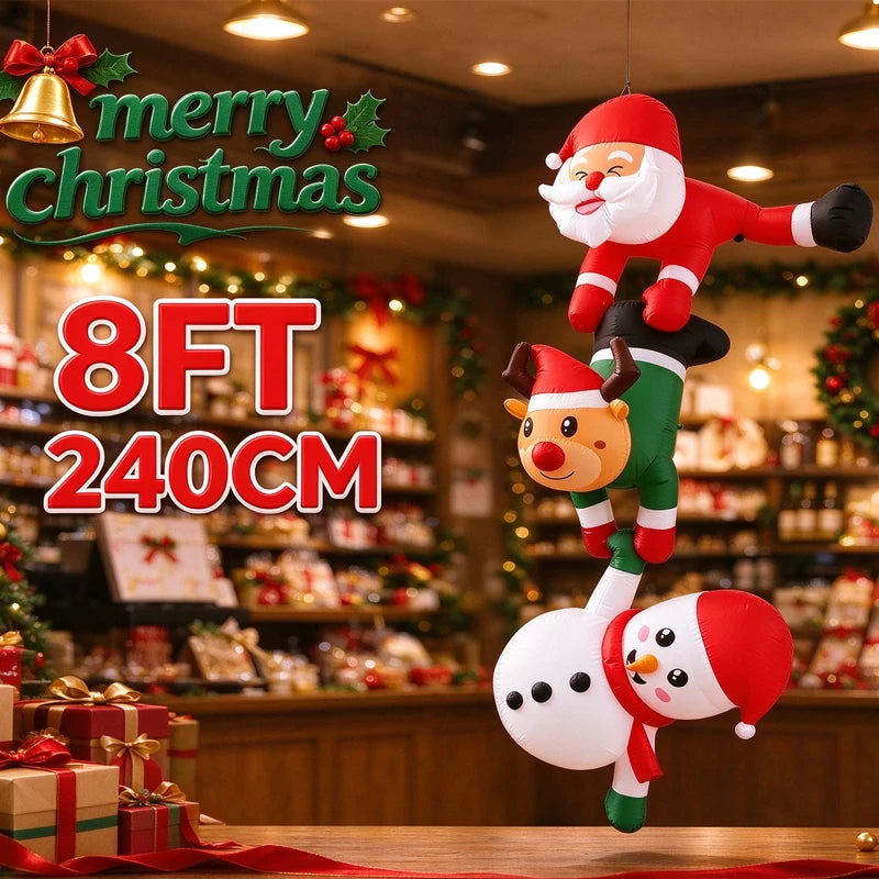 Christmas Hanging Inflatable Decorations 8FT, Stacked Santa, Reindeer & Snowman Blow Up Ornament, Hanging for Balcony, Roof, Win