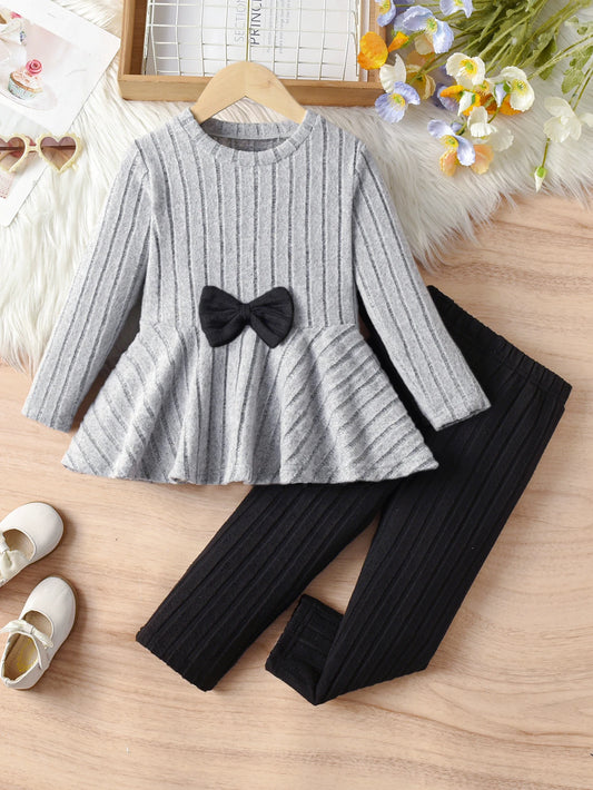 Girls' Long-Sleeved Suit, Children'S Round-Neck Bow Top And Long Pants Are Suitable For Spring And Autumn Outdoor Activities
