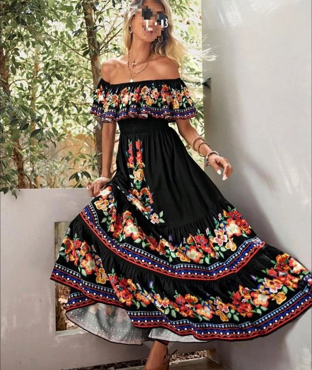 BKLD Elegant Printed Maxi Dress Sexy Off The Shoulder Tie Waist Slim Fit Dress Women Summer Party Vacation Outfits 2026 New