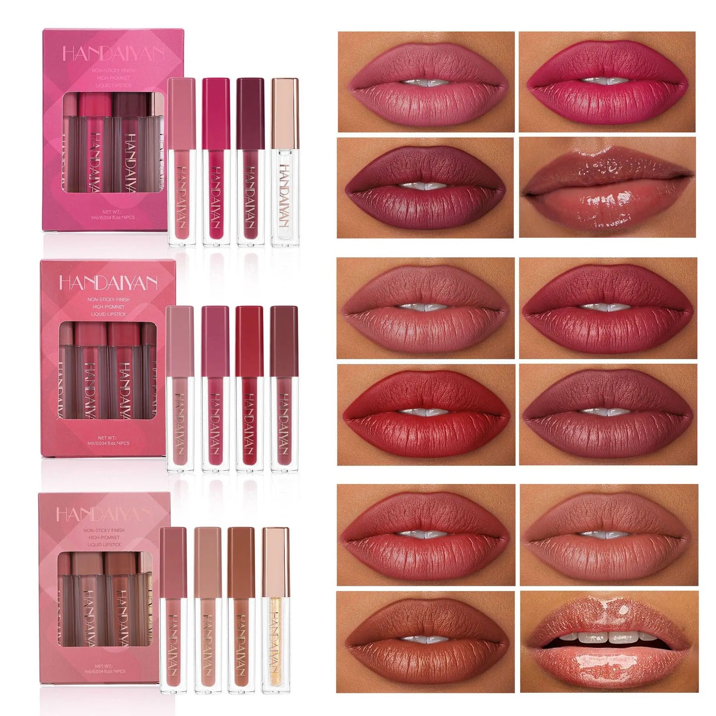 4Pcs Non-Stick Cup Matte Finish Liquid Lipstick Kit Long-Lasting Waterproof Highly Pigmented Clear Lip Gloss Set for Gift Beauty