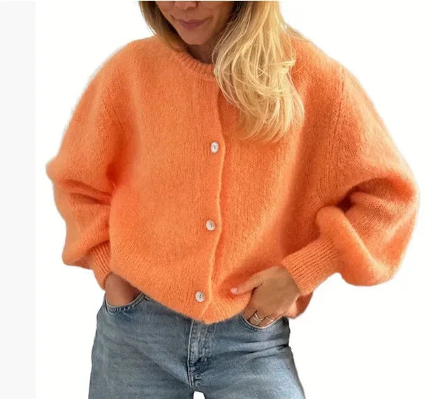 Women Mohair Knit Cardigan O Neck Elegant Lantern Long Sleeve Oversized Loose Fluffy Sweater Coat Autumn Winter Casual Knitwear