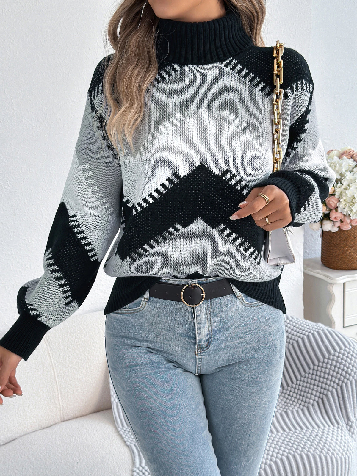 Autumn Winter Casual Turtleneck Color Block Knitted Sweater for Women 2026 Fashion Lantern Long Sleeve Pullover Warm Knitwear