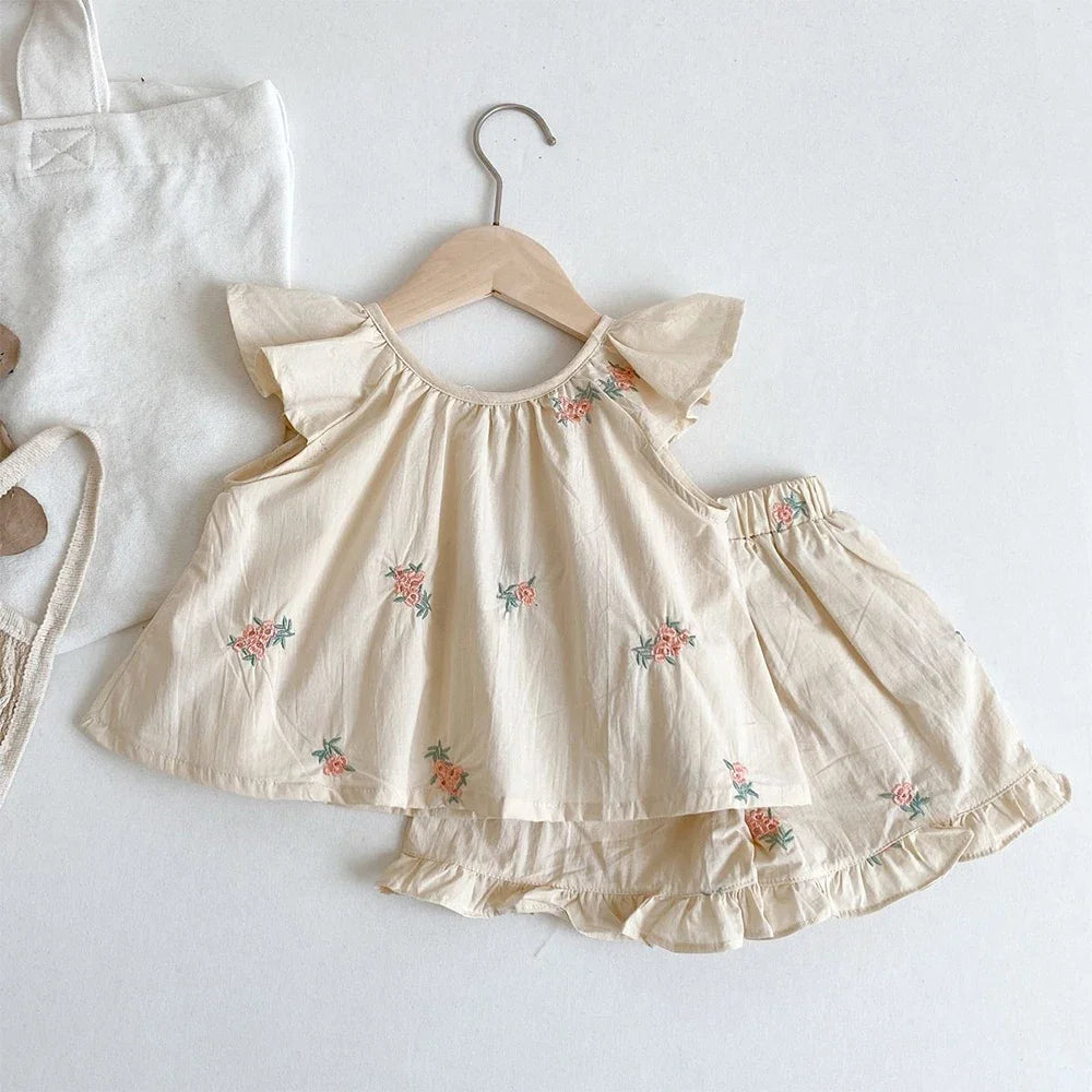 Girls' Summer Fashion Set Children's Flower Print Flying Sleeve Top+Shorts Two Piece Cute Little Girl Refreshing Set