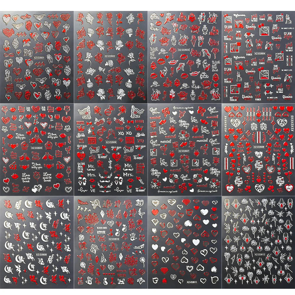 1Pc 3D Red Love Heart Nail Art Stickers Rose Flower Lip Self Adhesive Decals Valentine' Day Nail Sliders For Manicure Decoration