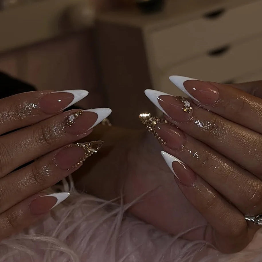24pcs Black French Tips Almond Fake Nails Detachable Simple Long Press on Nails Rhinestone Design Stick on Finished False Nail