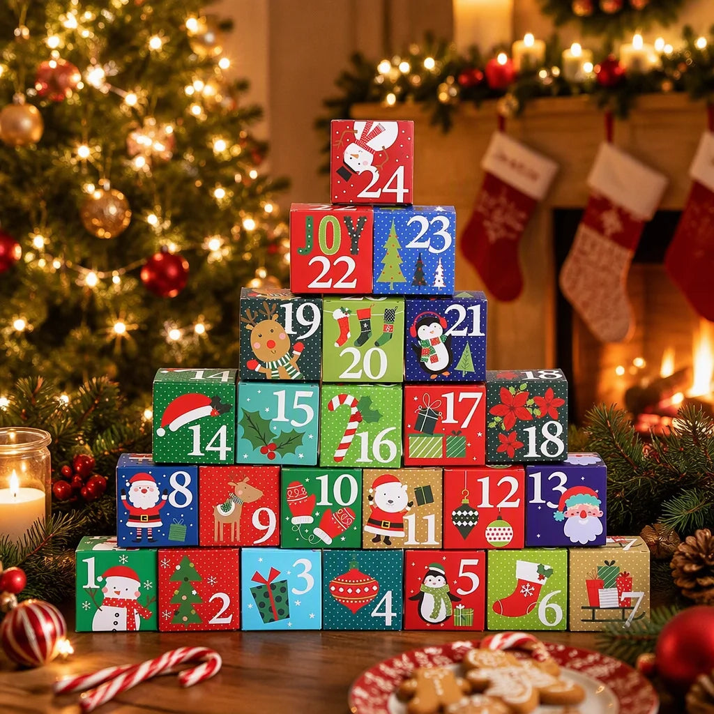 24Pcs Christmas Advent Calendar Empty Boxes, Paper Blind Boxes for Candy, Small Toys, Xmas Tabletop Holiday Decor