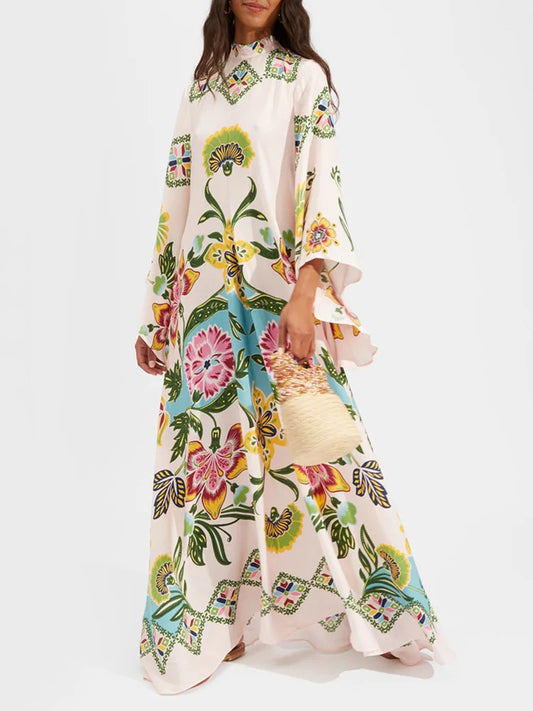 Elegant Stand Collar Printed Dress – High Waist Long Sleeve Casual Party Wear | فستان نسائي أنيق بطبعة وياقة عالية – خصر مرتفع وأكمام طويلة لإطلالة كاجوال أو حفلات