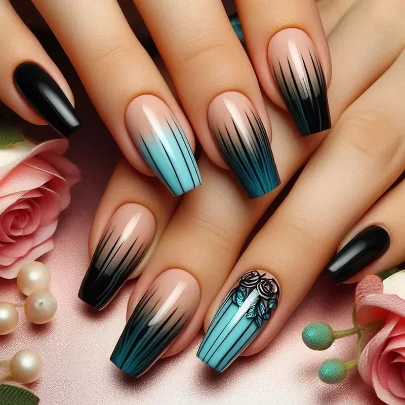 24Pcs Cute Green Short Square False Nails with Glue Flora Nail Art Glossy Simple Full Cover Press on Wearable Nail Manicure Tips