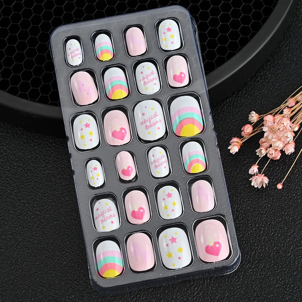 24Pcs/Box Cartoon Heart Bow Rainbow Design Kid Fake Nails Tips Cute False Nail Girls Press on Nails Full Cover Short Fingernails