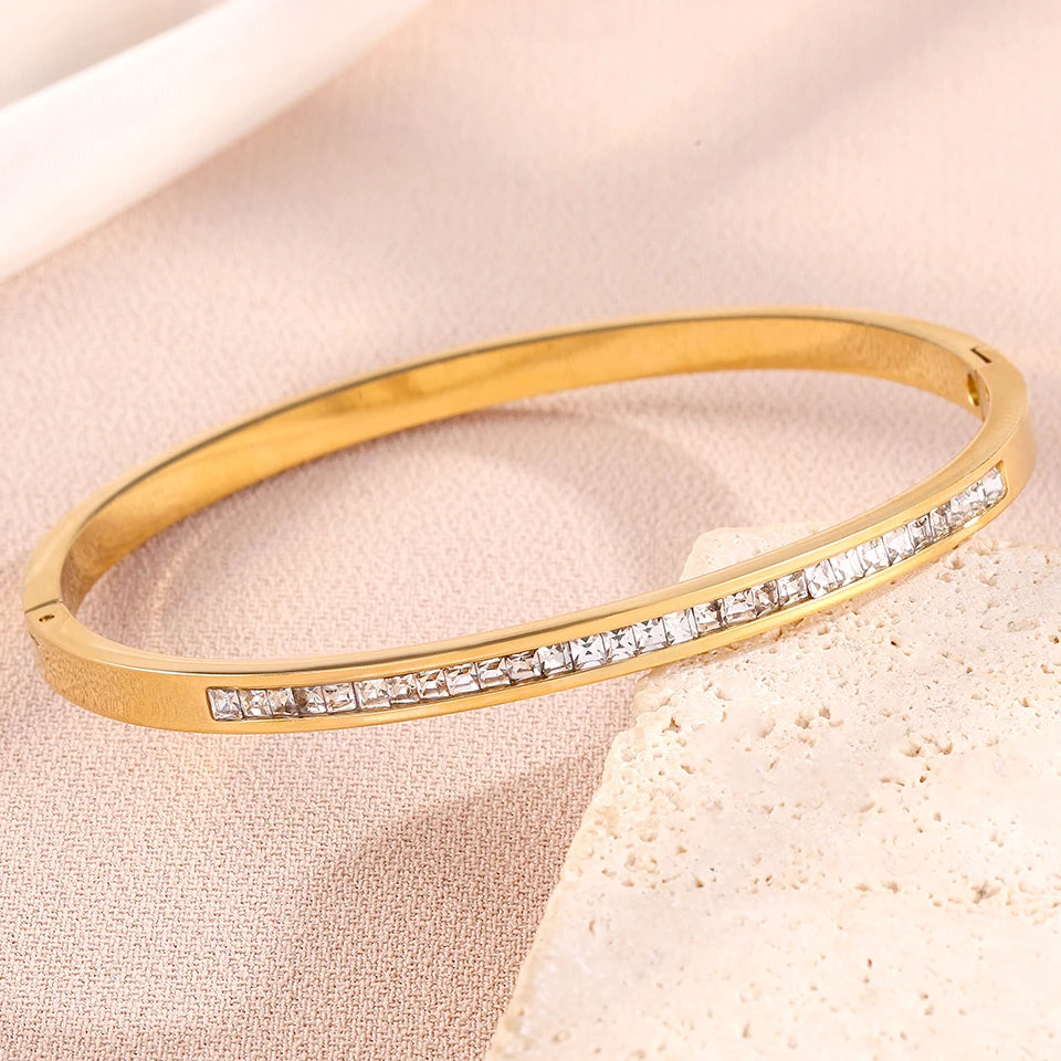 ZAKOL 5pcs Gold Color Stainless Steel Stack Bracelets Shiny Zircon Waterproof Stackable Bracelet Fashion Jewelry for Women