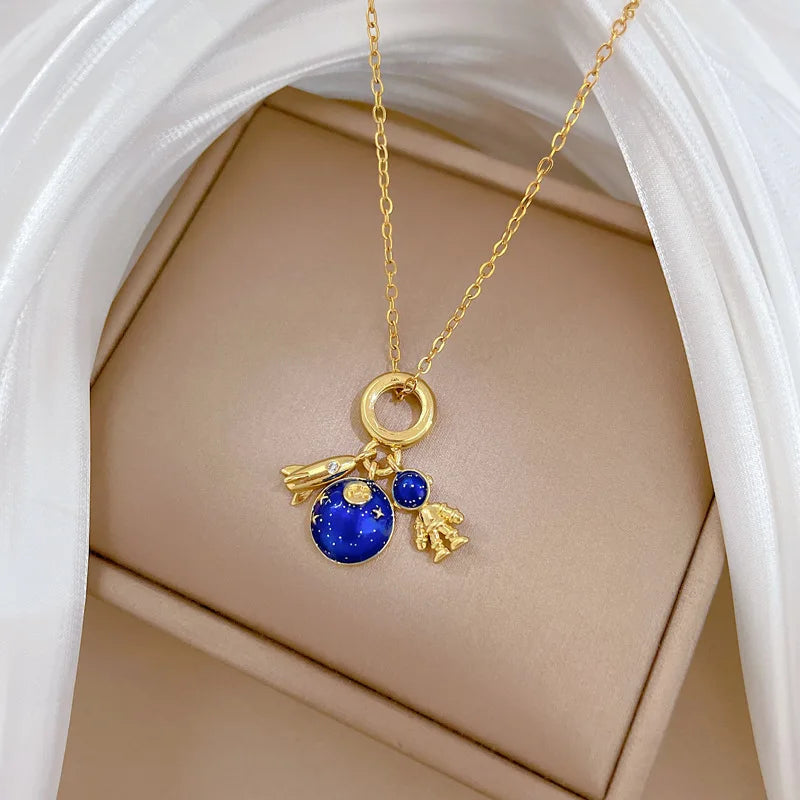 Light Luxury Titanium Steel Star Series Necklace for Women Gold Color Planet Moon Astronaut Pendant Necklaces Jewelry Gifts