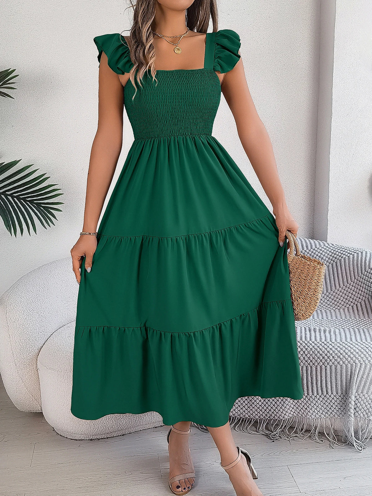Spring Summer Solid Color Edible Tree Fungus Edge Square Neck Sleeveless Holiday Dress Elegant Long Dresses for Women Rose Blue